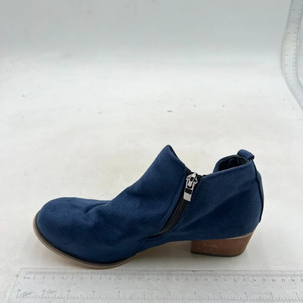 Navy Women Round Toe Ankle Boots Chunky Low Heel Side Zippers Chelsea Booties